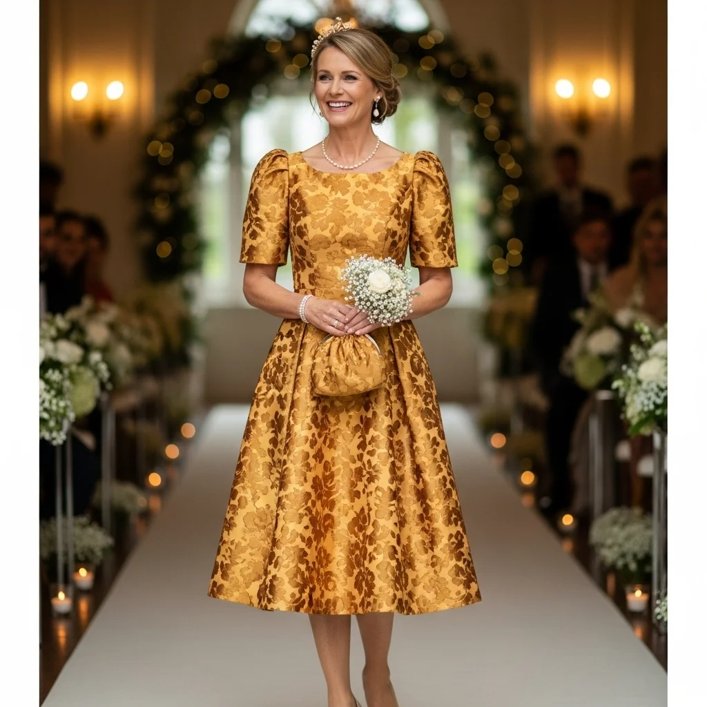 Golden Ochre Brocade Tea-Length Dress with Puff Sleeves