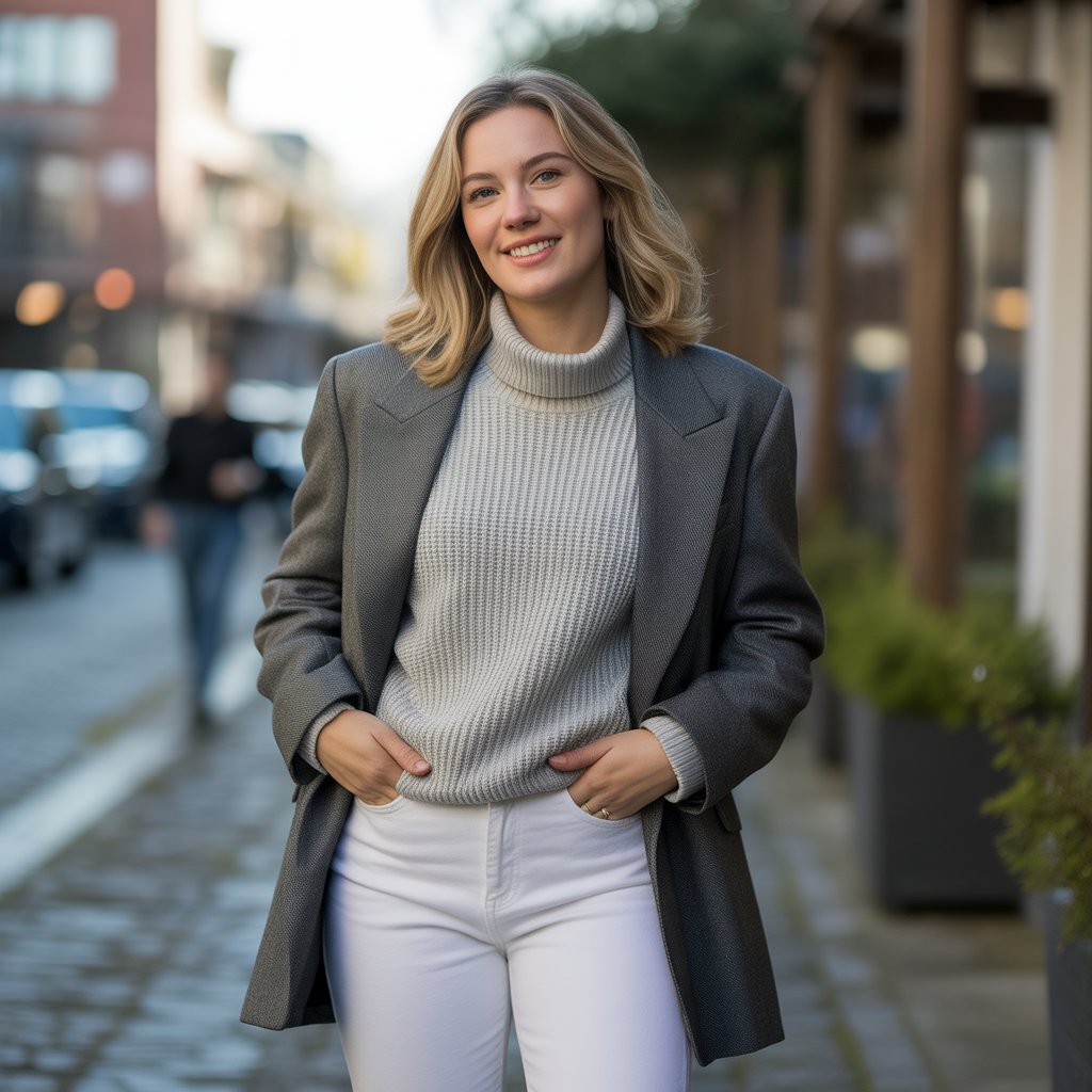 Gray Blazer with White Jeans and Sweater