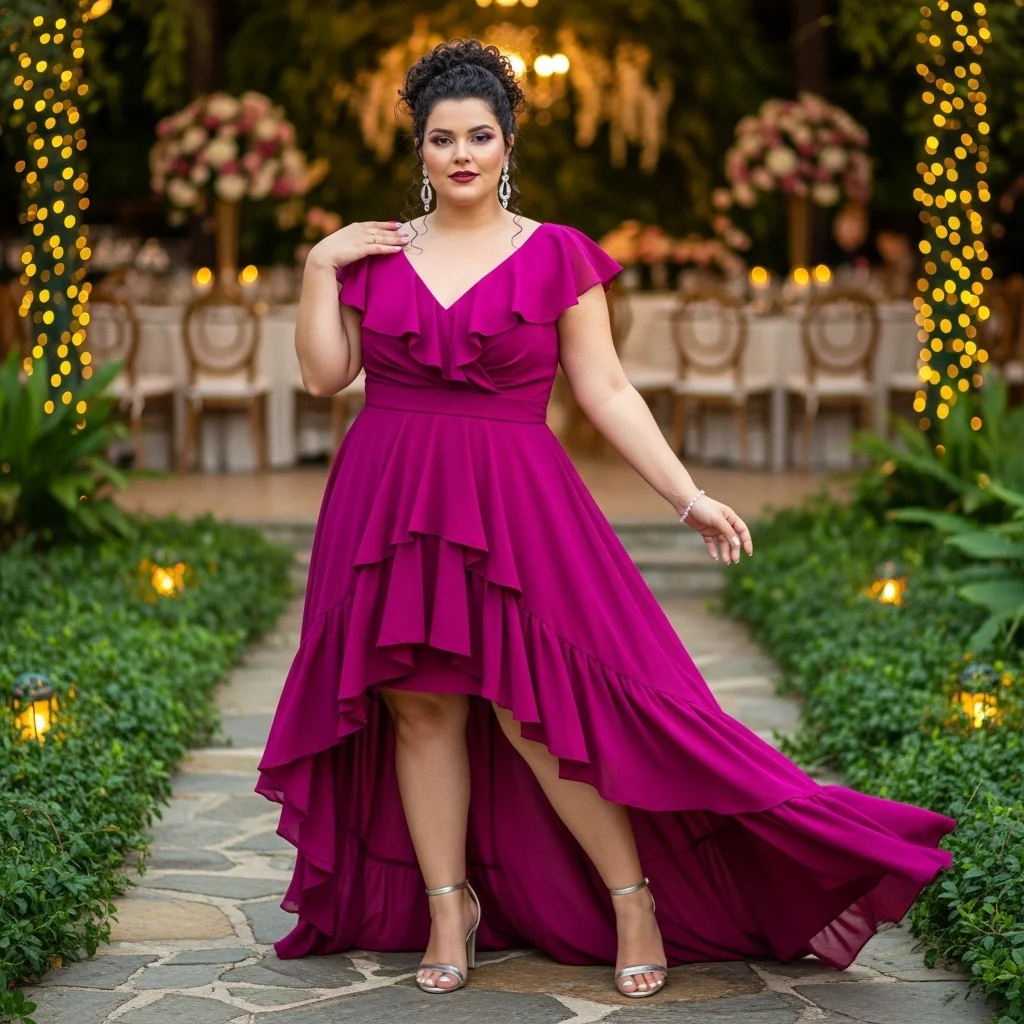High-Low Hemline Dress in Magenta Ruffles