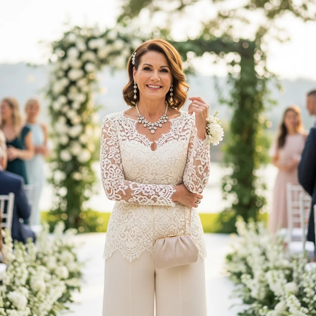 Ivory Lace Pantsuit with Wide-Leg Trousers