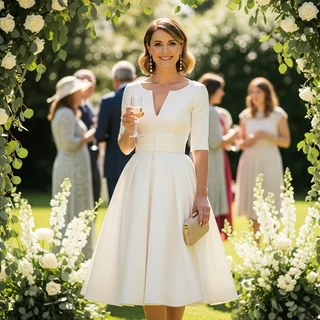 Ivory Tea-Length Dress with Structured Waist