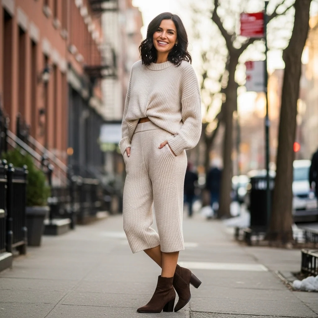 Knit Matching Set Styled With Suede Ankle Boots