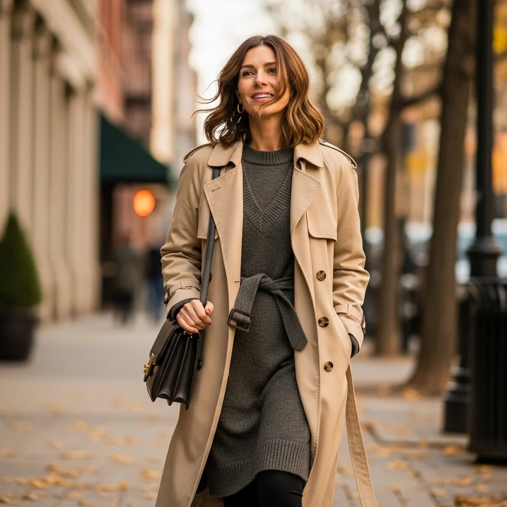 Layered Sweater Dress and Trench Coat