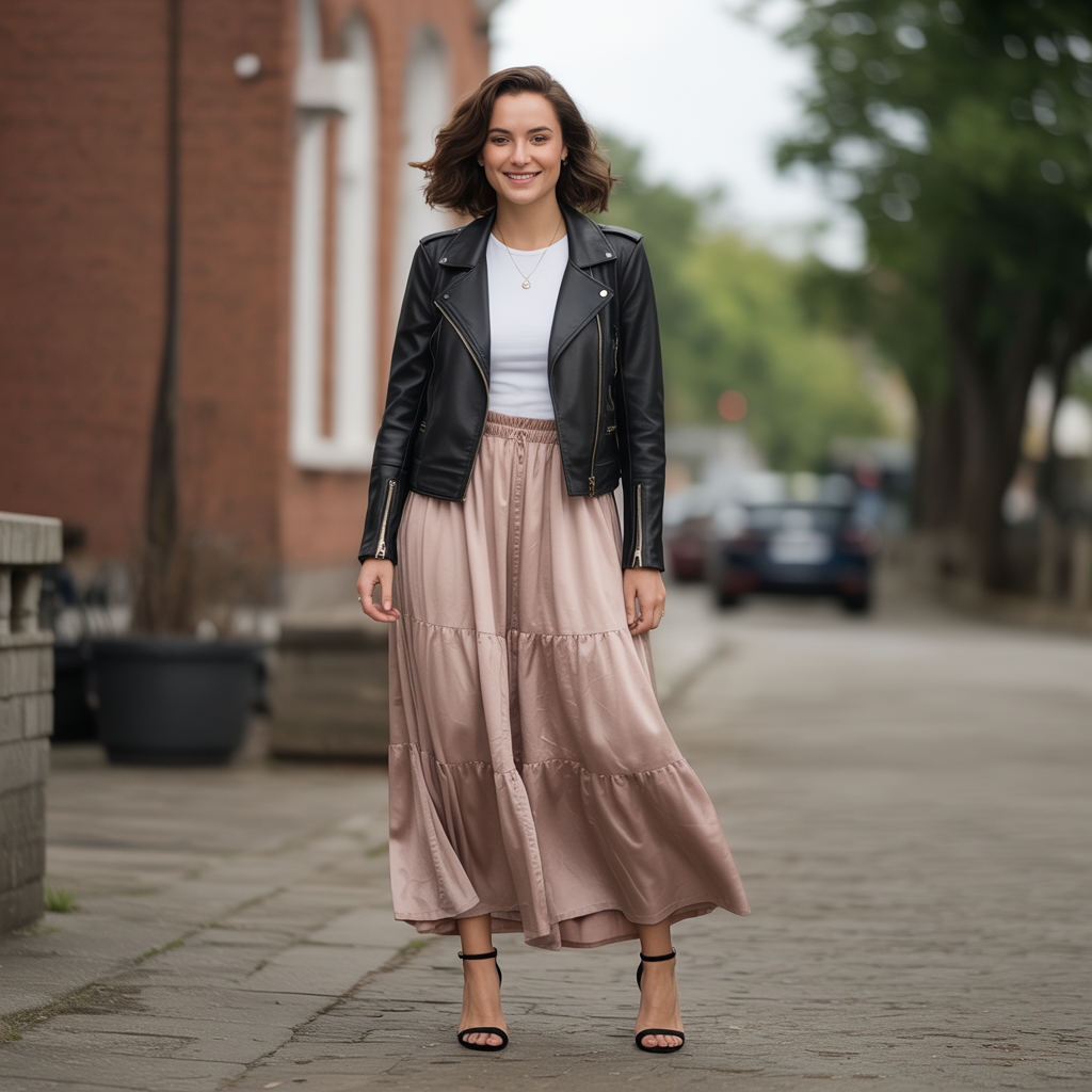 Leather Jacket with Flowing Maxi Skirt