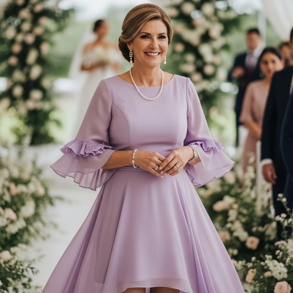 Lilac High-Low Chiffon Dress with Ruffled Sleeves