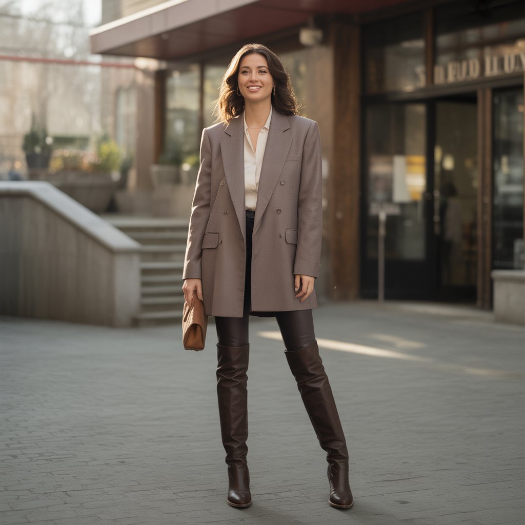 Long Blazer with Leggings and Knee-High Boots