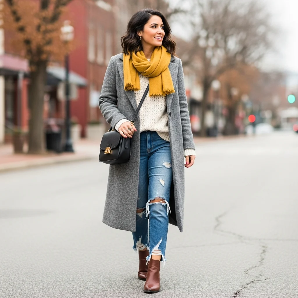 Long Coat and Distressed Jeans