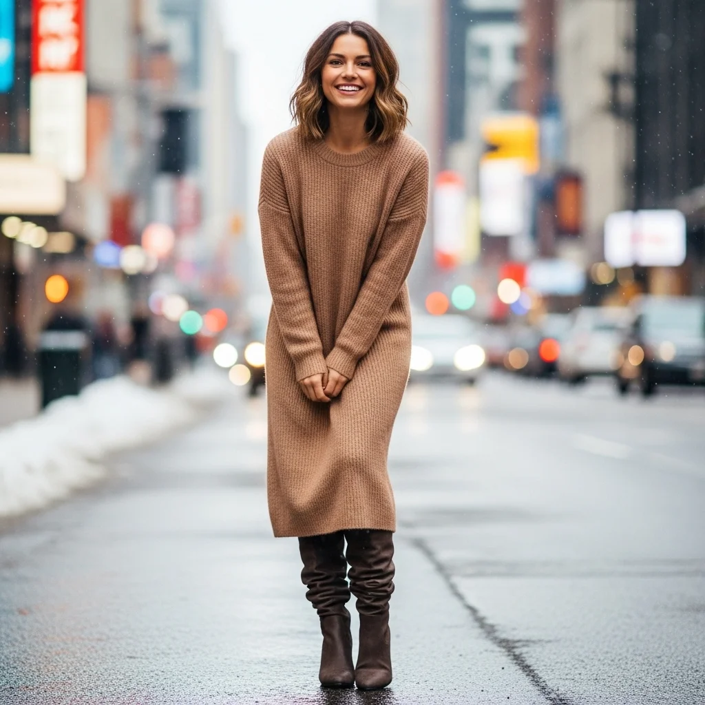 Midi Sweater Dress Layered With Slouchy Boots