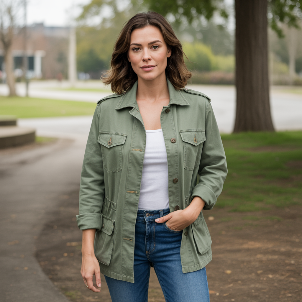 Military Style Jacket with Fitted Jeans