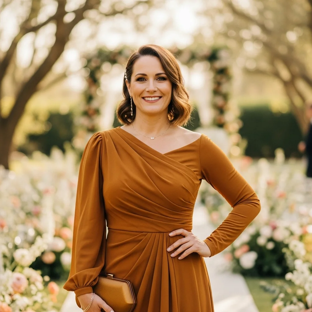 Ochre Asymmetrical Neck Dress with Soft Drape