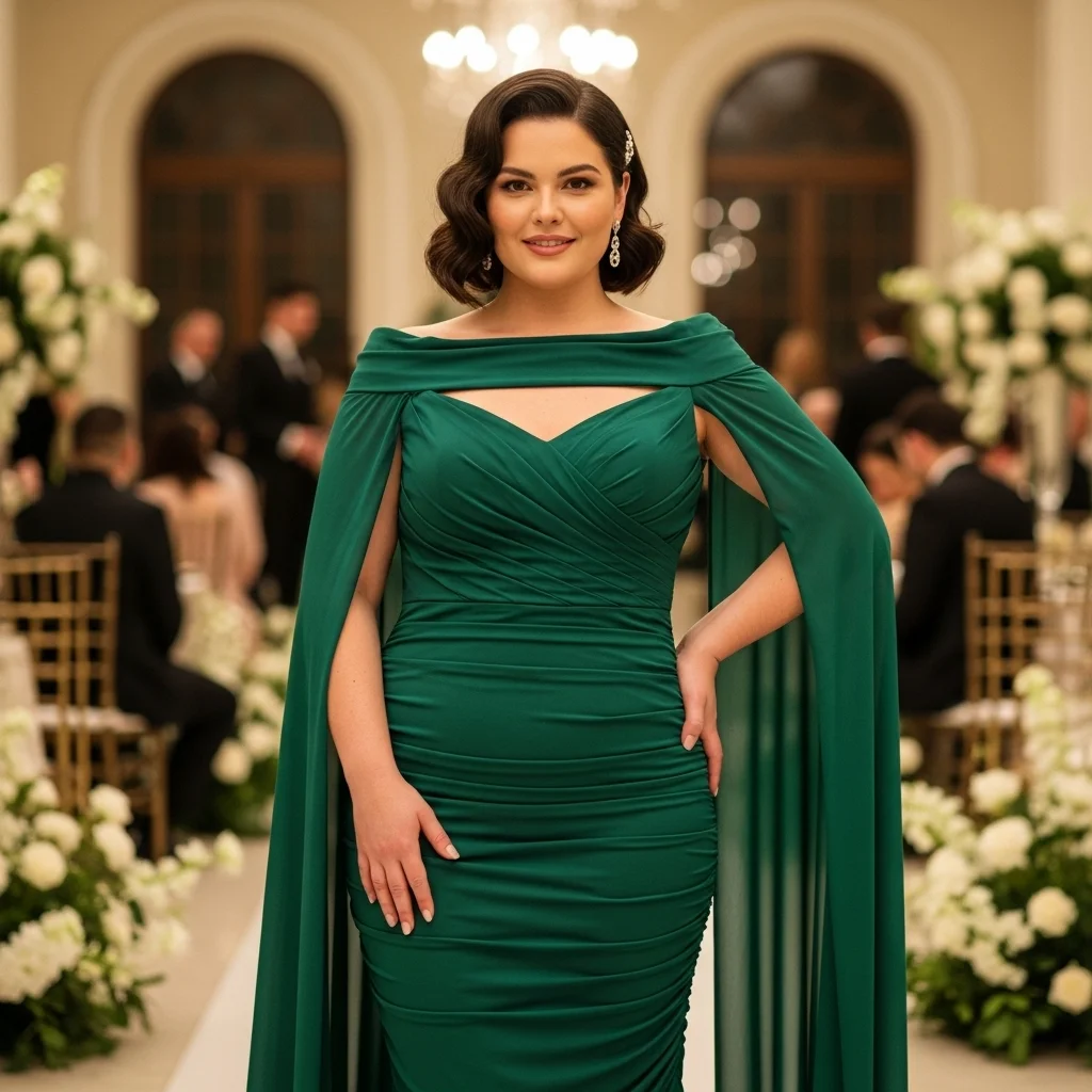 Off-Shoulder Ruched Dress with Dramatic Cape