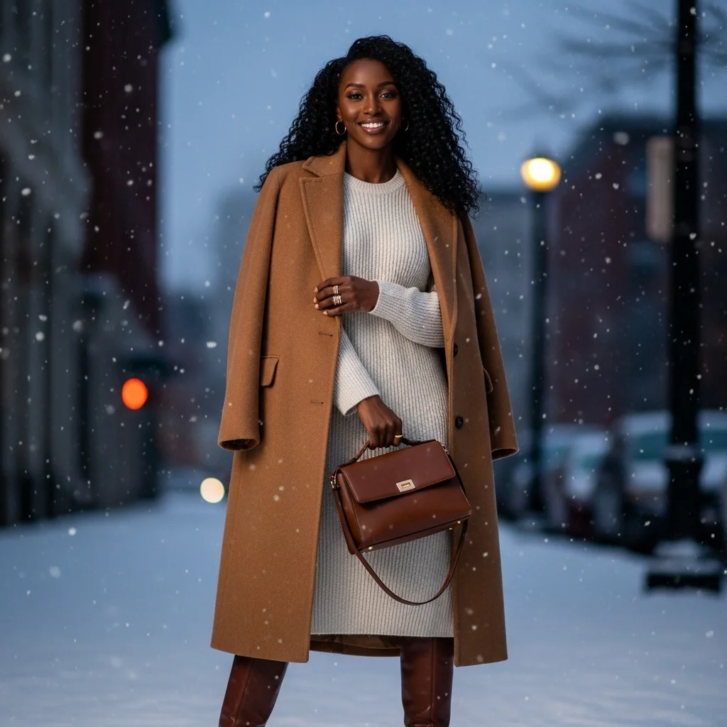 Oversized Coat with Knit Midi Dress