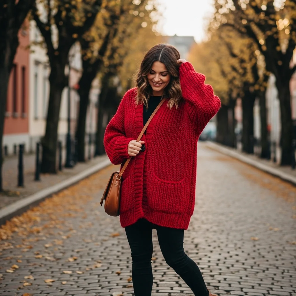 Oversized Red Cardigan with Leggings
