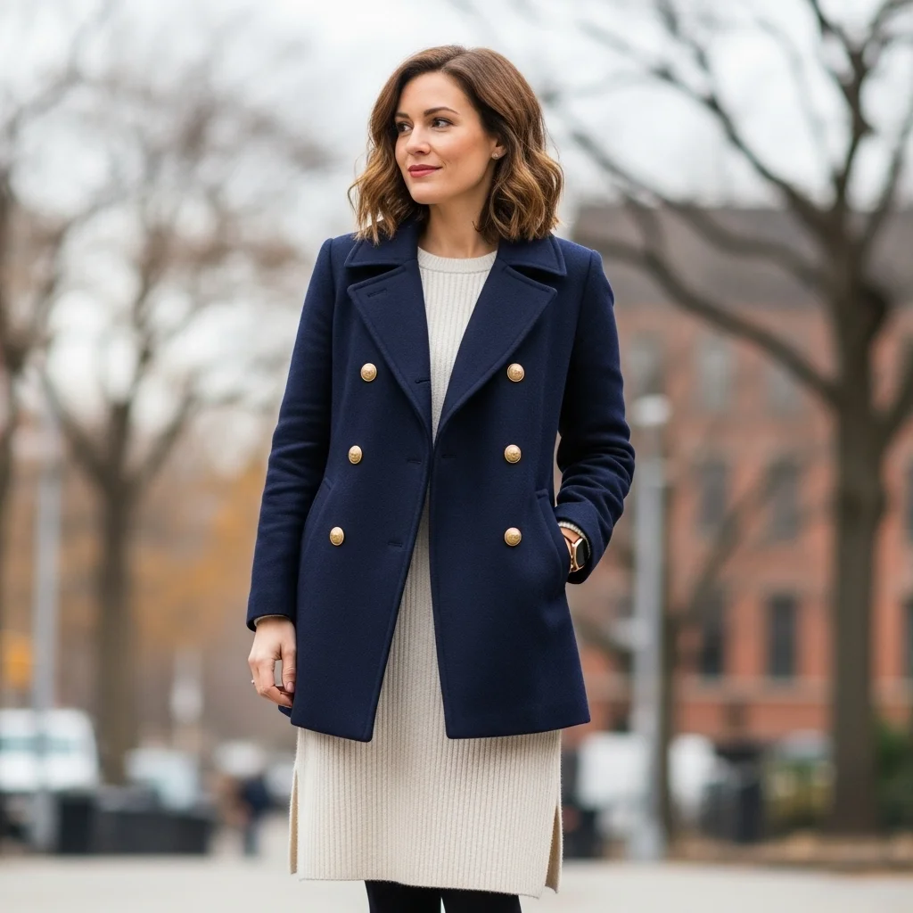 Pea Coat with a Knit Dress