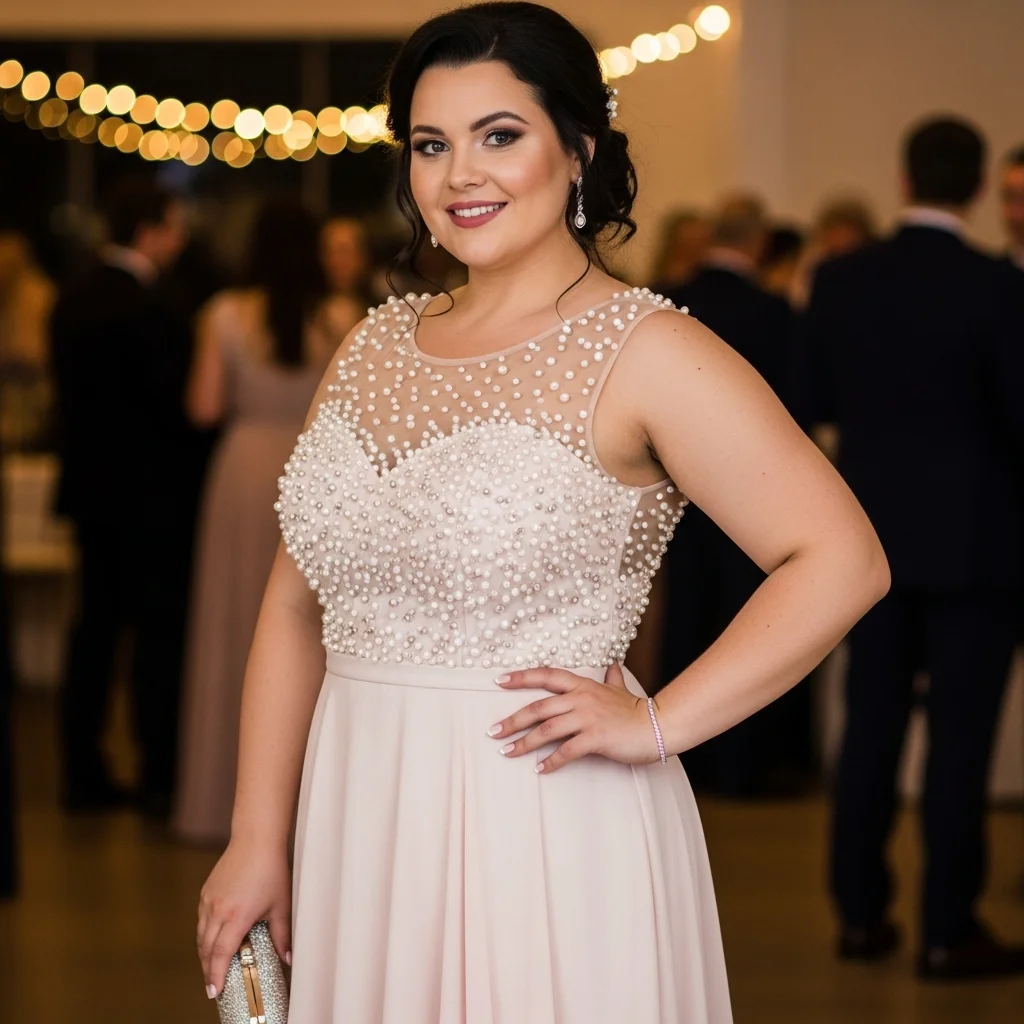 Pearl-Embellished Illusion Neckline Gown