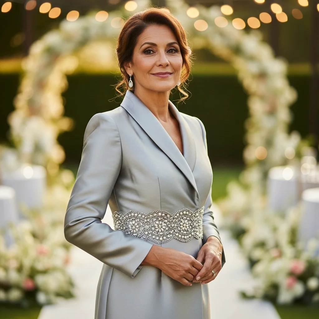 Pearl Grey Satin Coat Dress with Beaded Waist