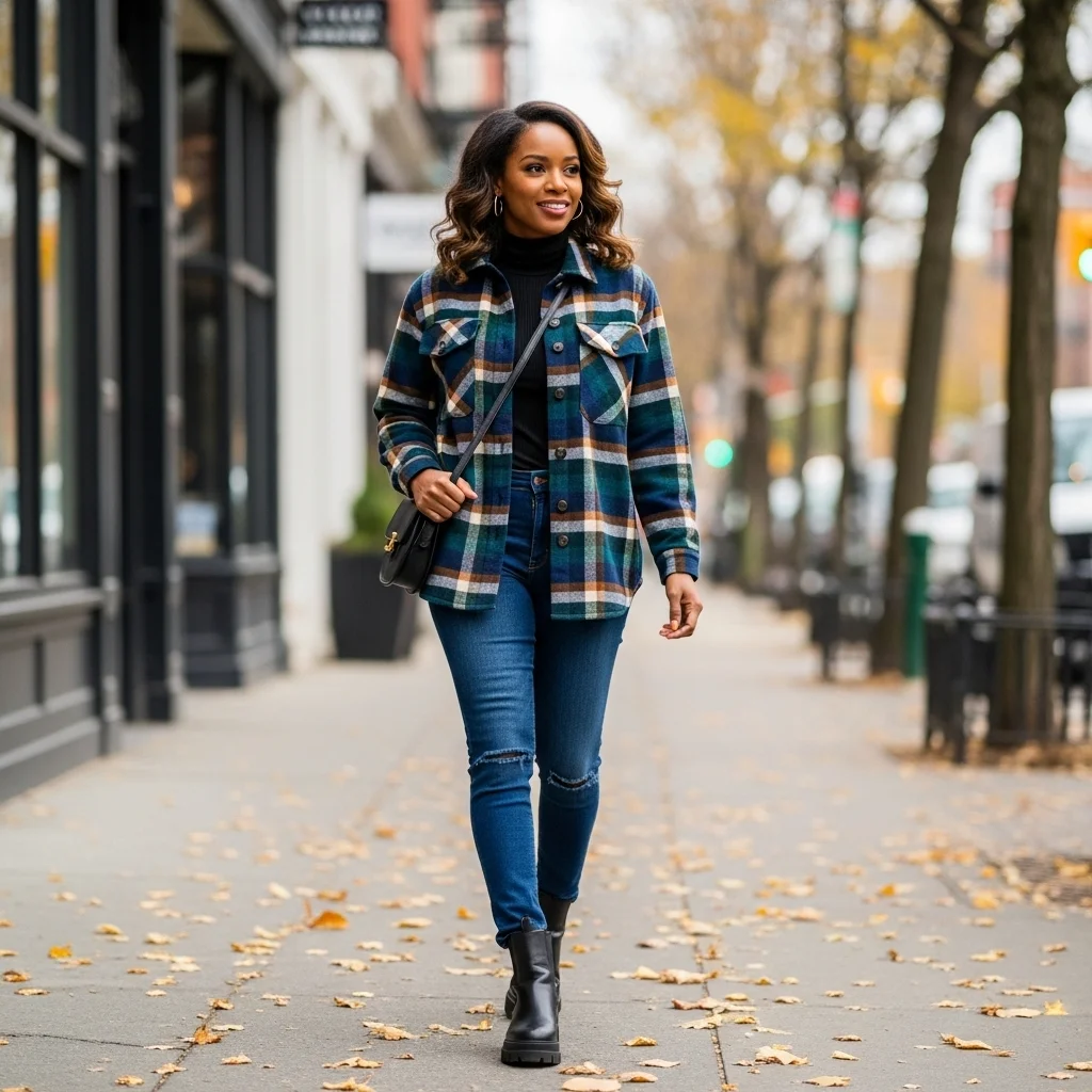 Plaid Shacket with Denim Look