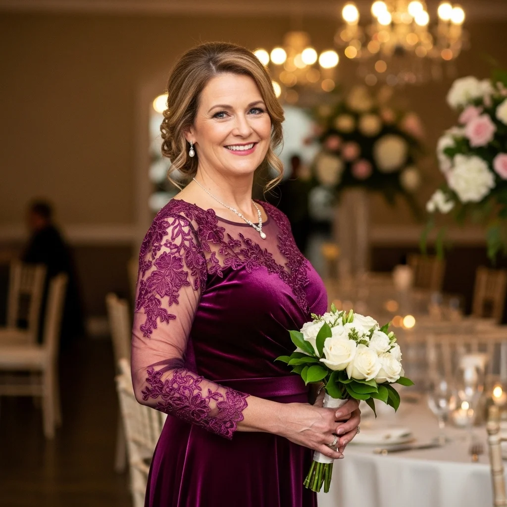 Plum Velvet & Lace Illusion Long-Sleeve Dress