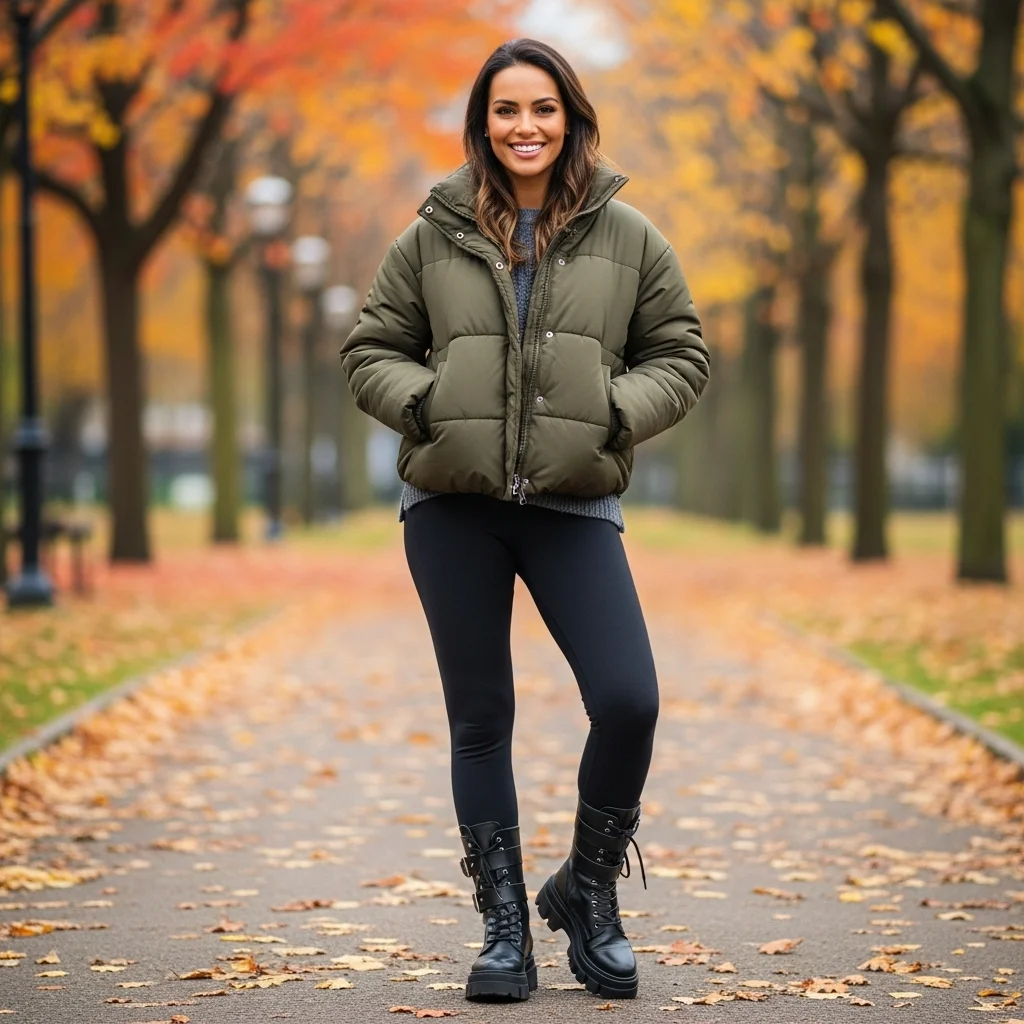 Puffer Jacket and Leggings With Combat Boots