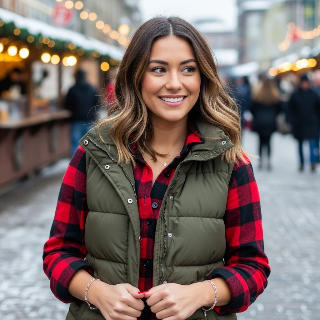 Puffer Vest Over a Flannel Shirt