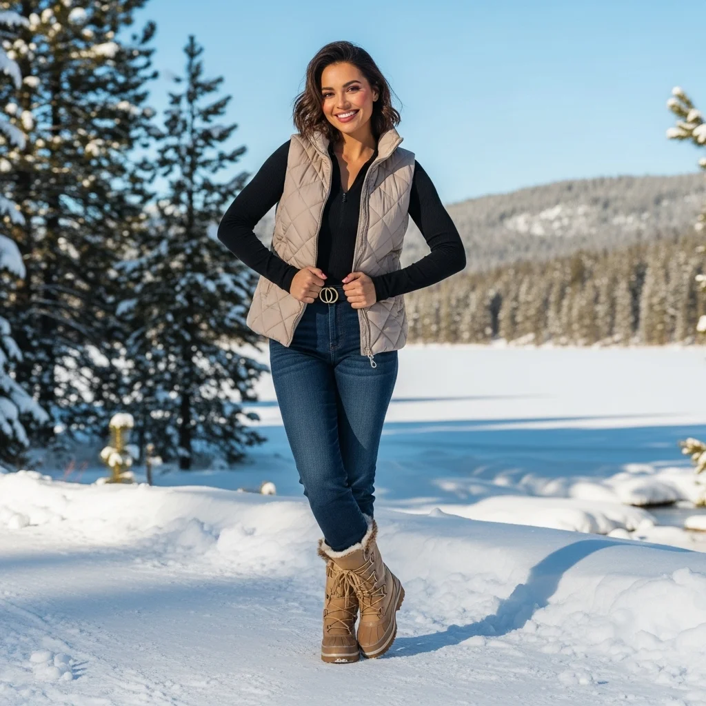 Puffer Vest and Thermal Top With Snow Boots