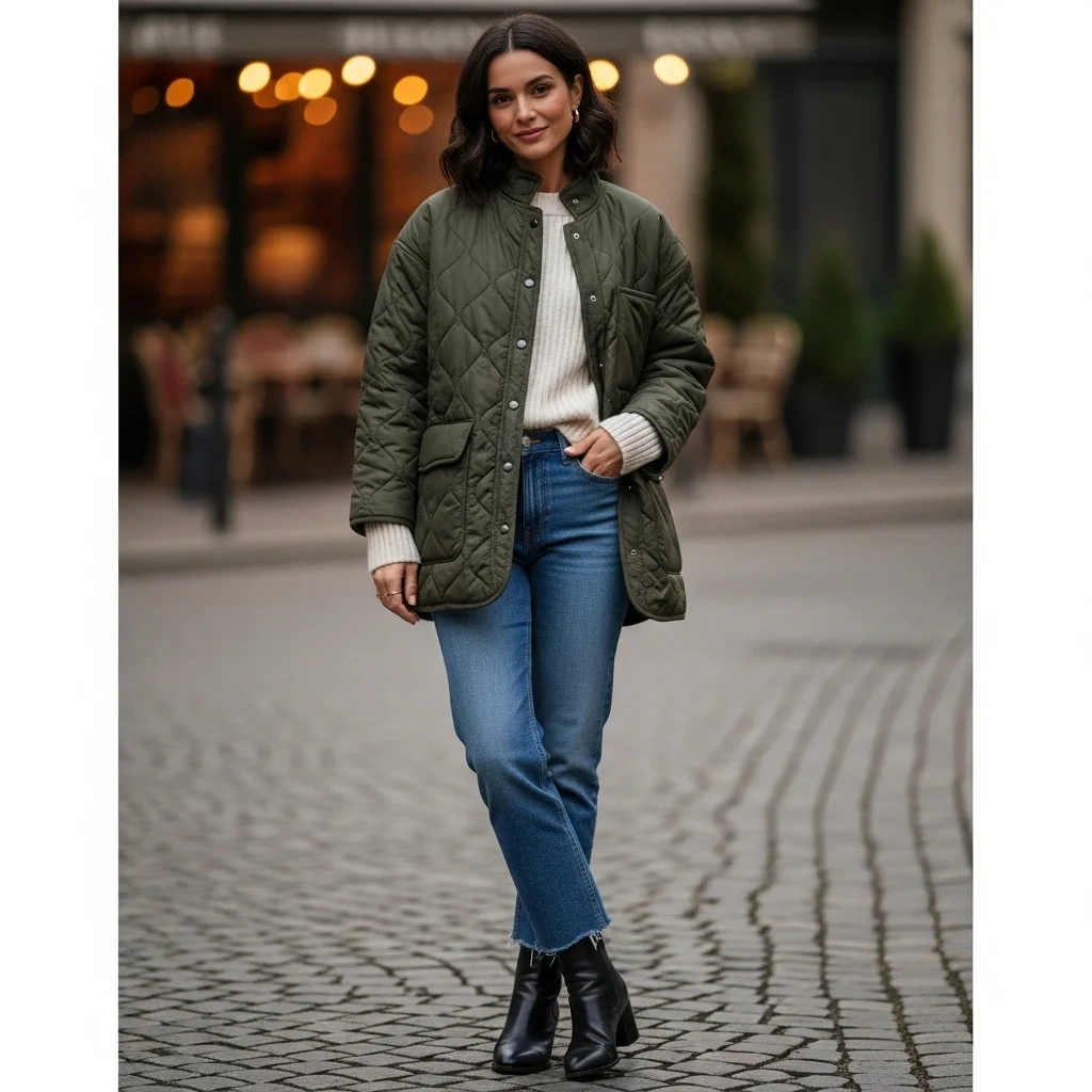 Quilted Jacket and Straight Jeans