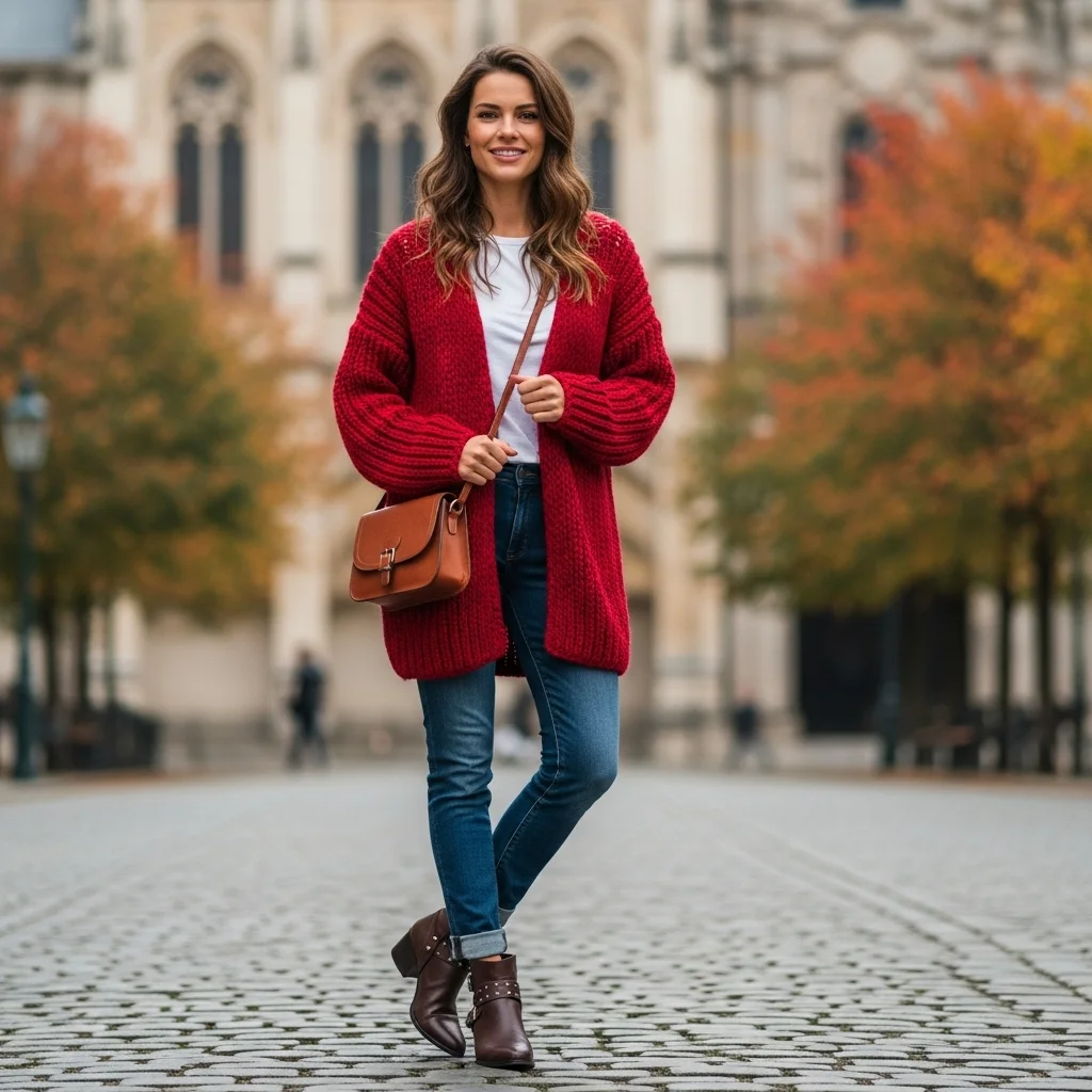 Red Cardigan and Ankle Boots