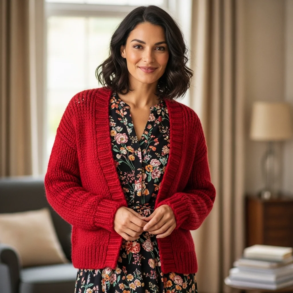 Red Cardigan and Floral Dress Combo