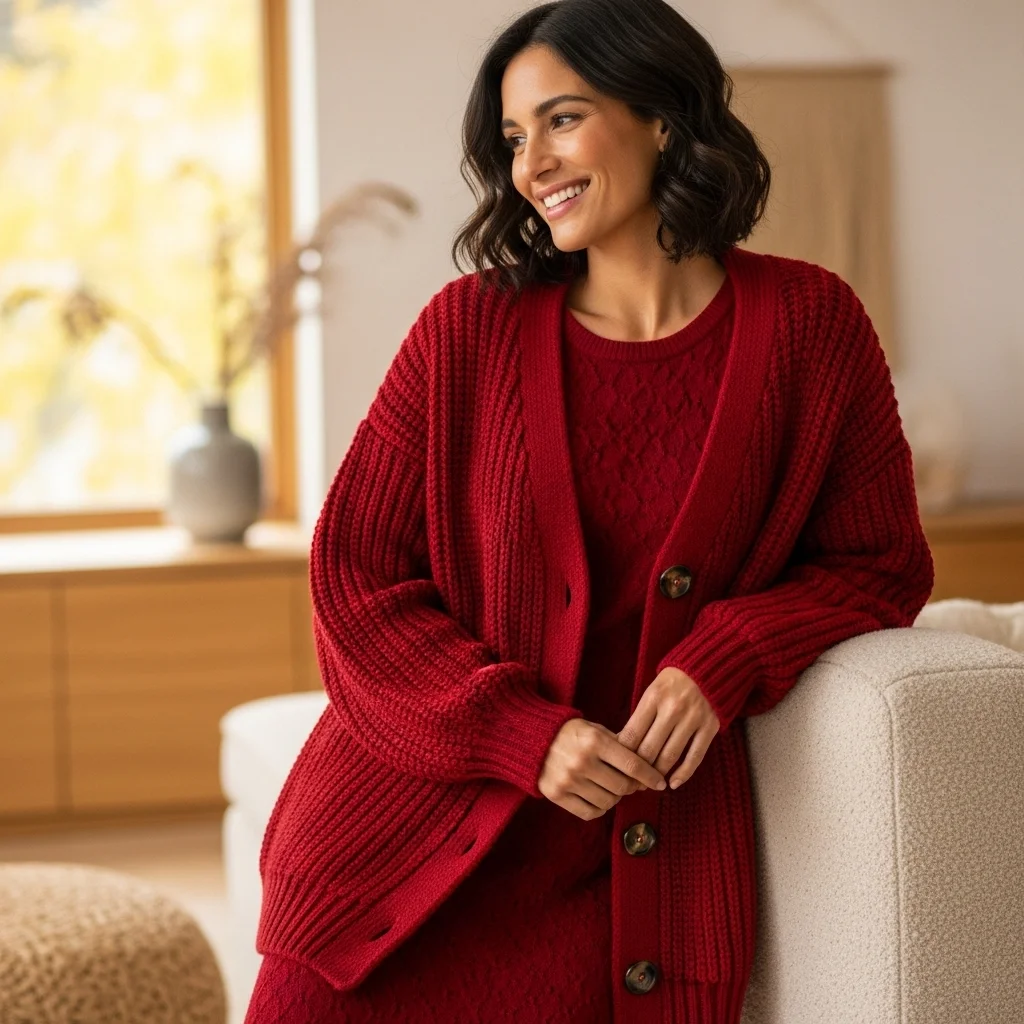 Red Cardigan and Knit Dress