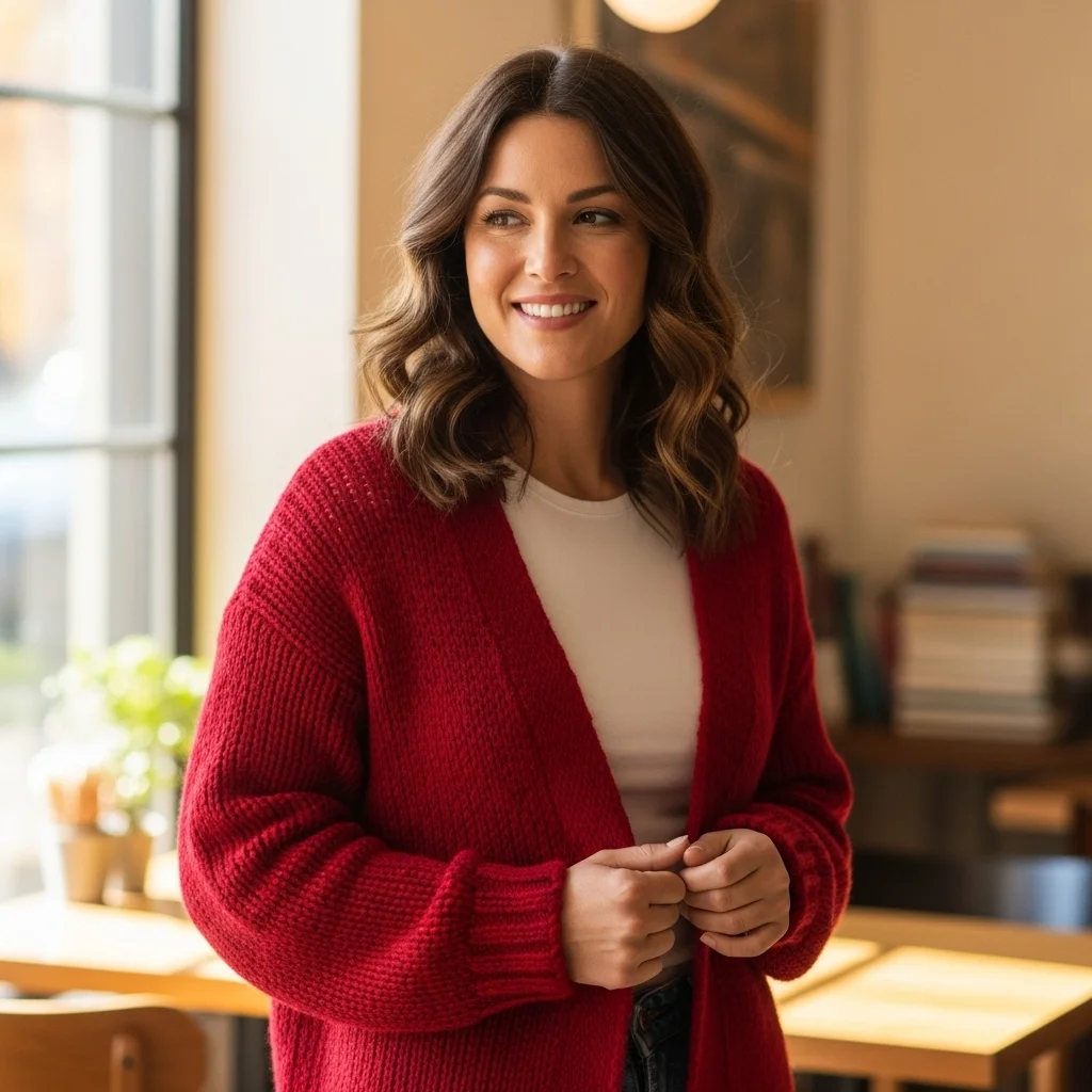 Red Cardigan over a Basic Tee