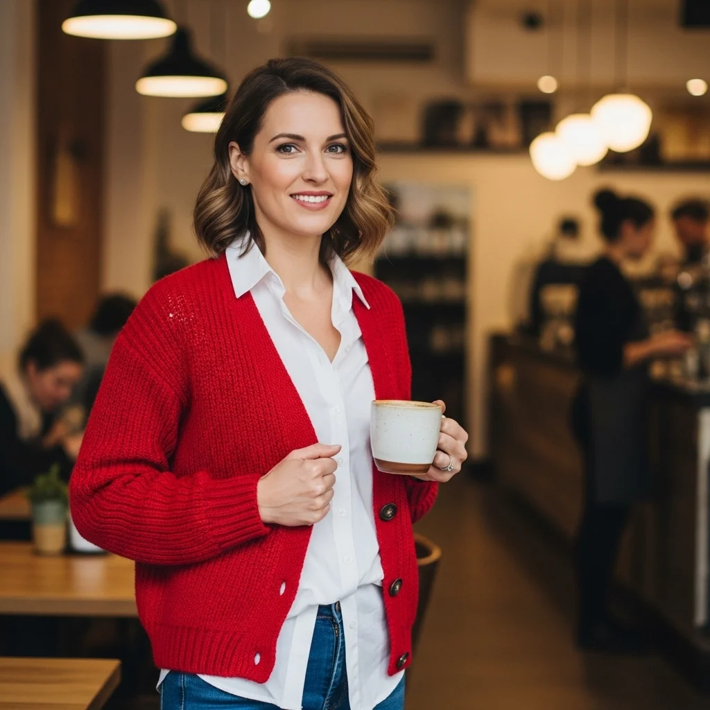 Red Cardigan with Button-Down Shirt