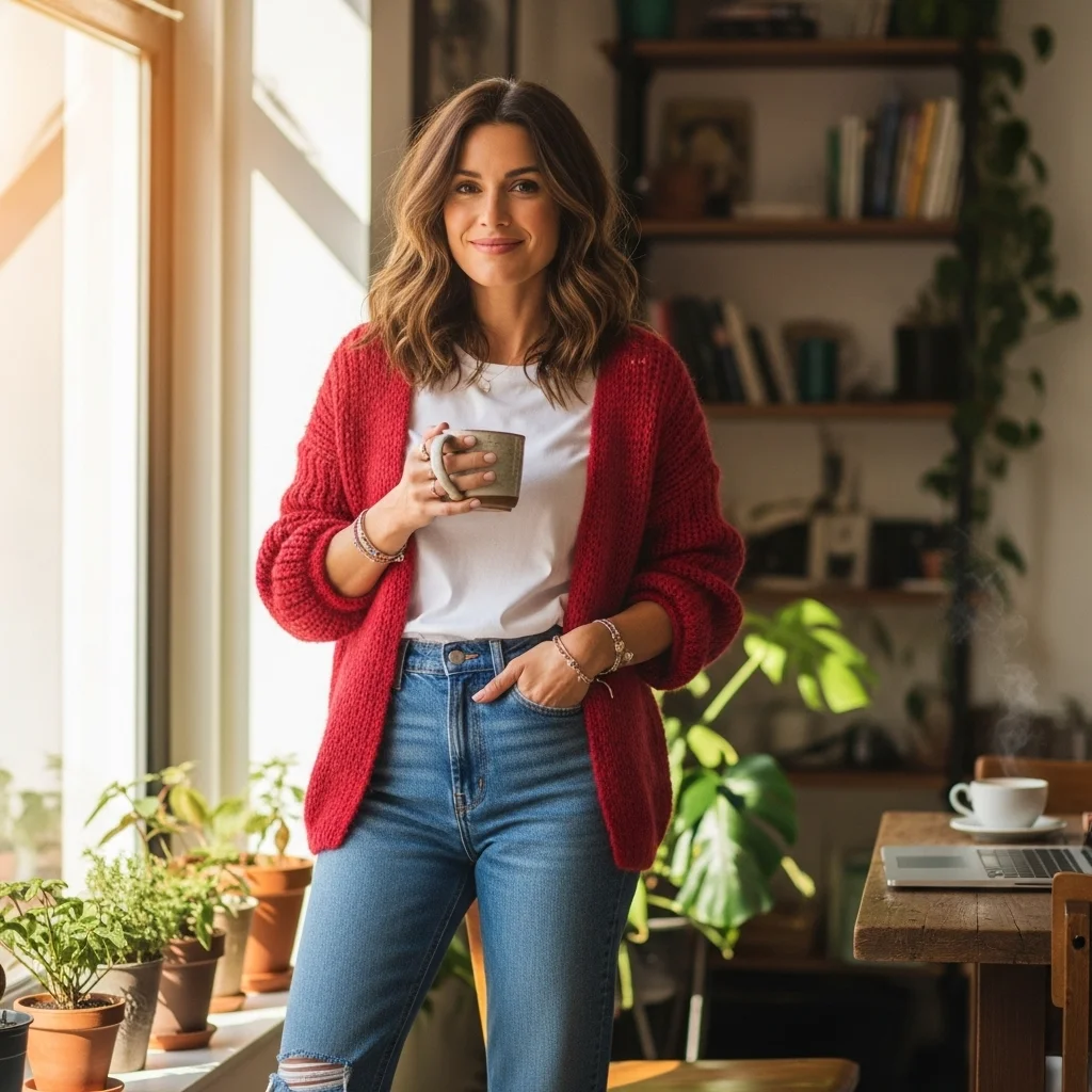 Red Cardigan with High-Waisted Jeans