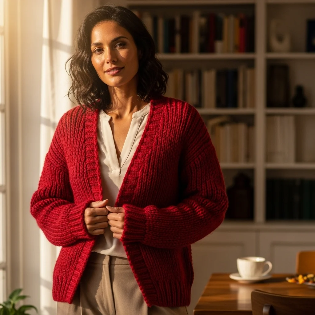 Red Cardigan with Neutral Tones