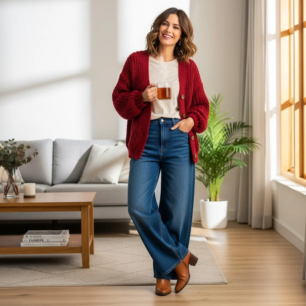 Red Cardigan with Wide-Leg Trousers