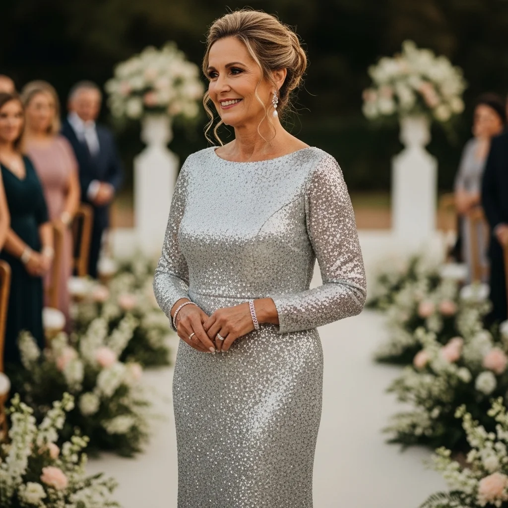 Silver Sequin Sheath Dress with Long Sleeves