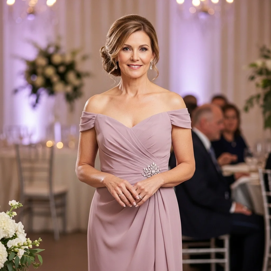 Soft Mauve Off-Shoulder Column Dress with Brooch