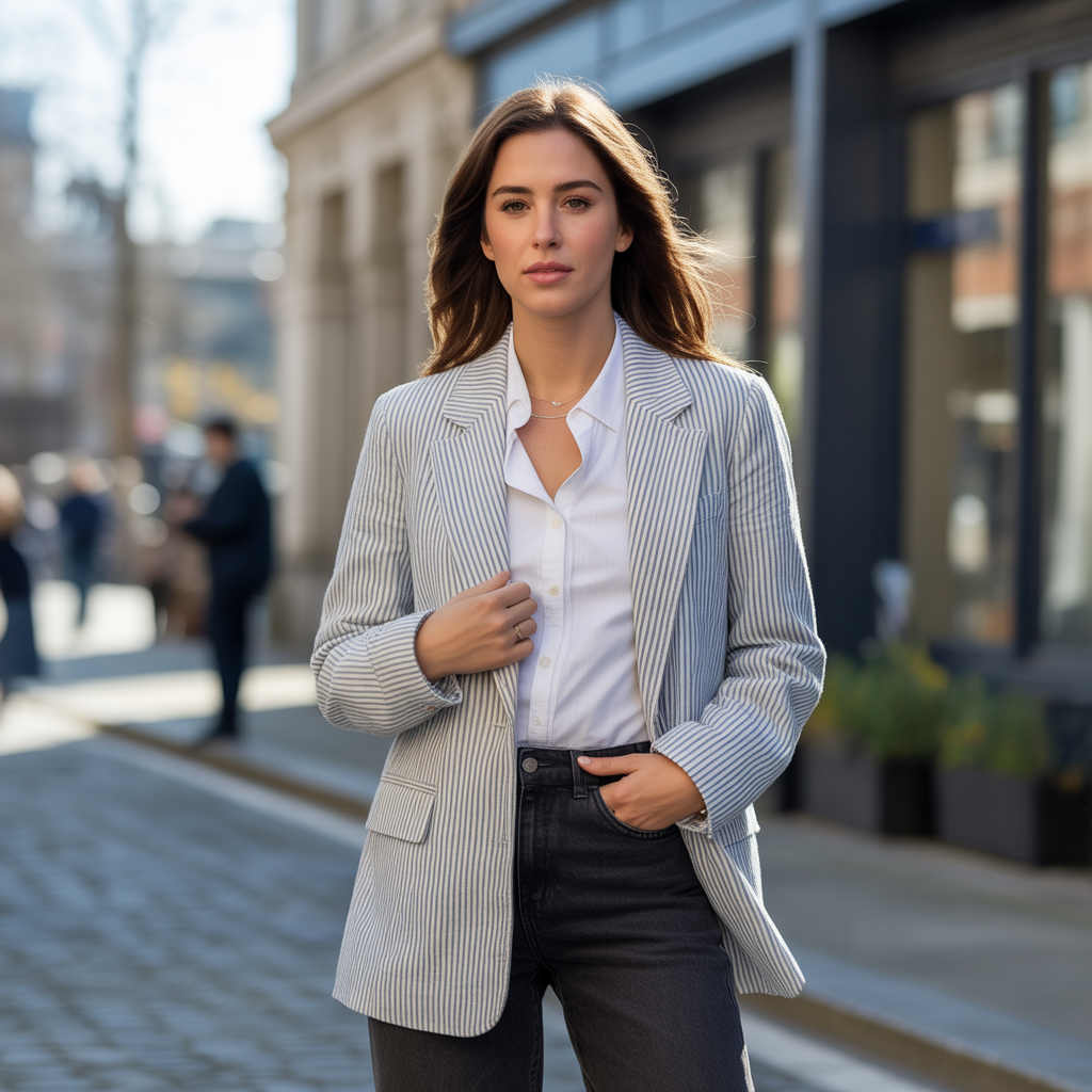 Striped Blazer with Dark Denim