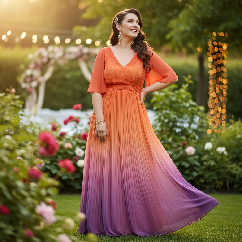 Sunset Ombré Pleated Chiffon Maxi