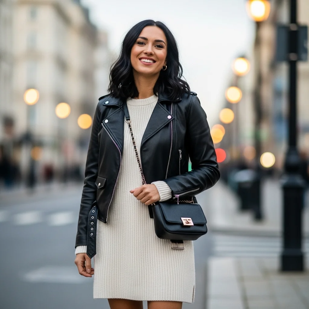 Sweater Dress with Leather Jacket