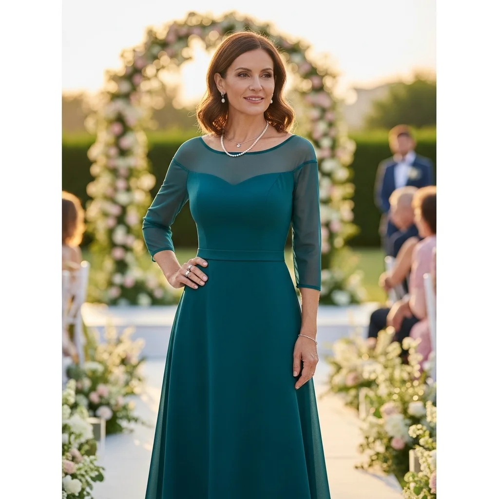 Teal Midi Dress with Illusion Neck Detail
