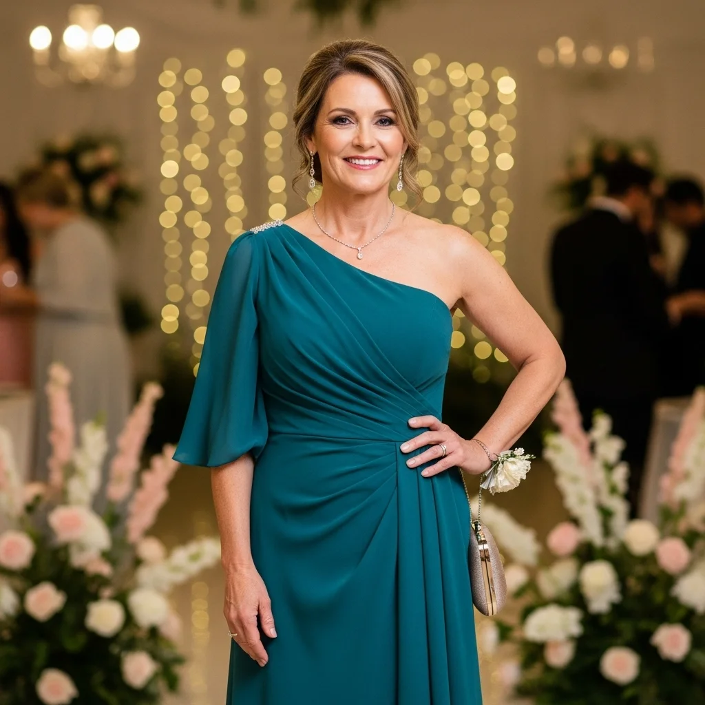 Teal One-Shoulder Gown with Side Drape