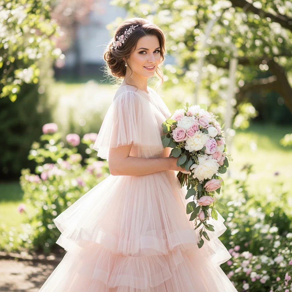 Tiered Tulle Dress in Soft Blush
