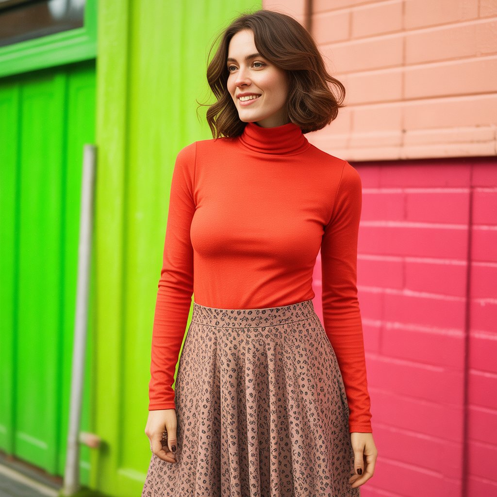 Turtleneck Tucked into a Midi Skirt