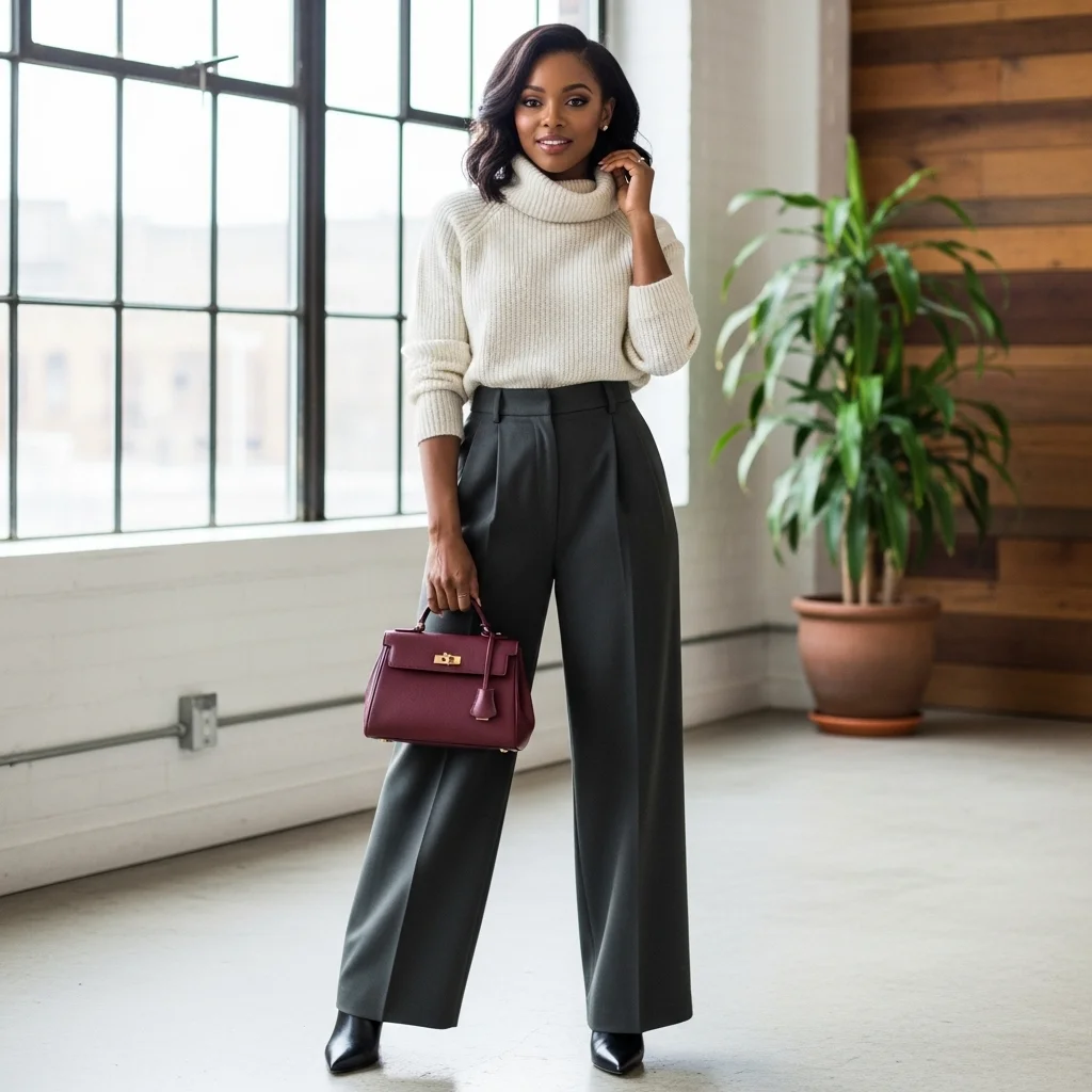 Turtleneck and High-Waisted Wide-Leg Pants