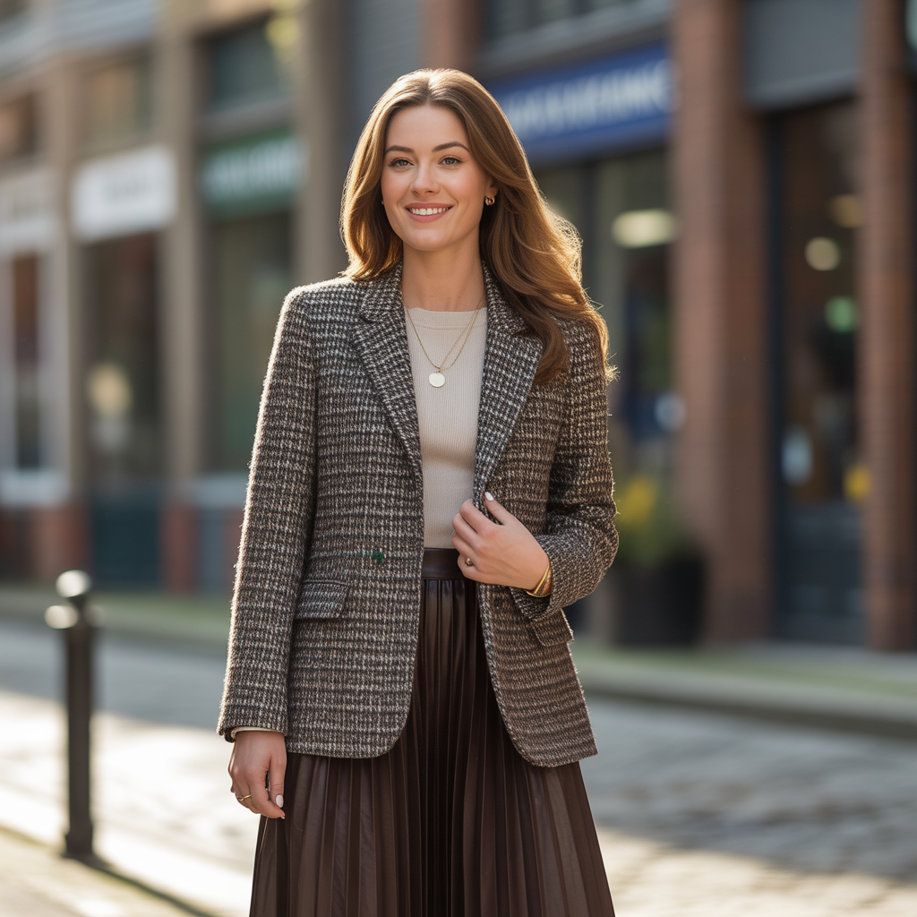 Tweed Blazer with Midi Skirt