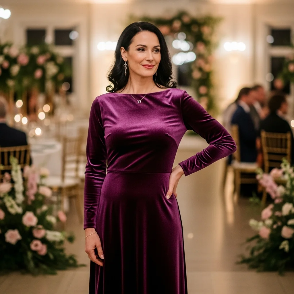 Velvet Plum Midi with Elegant Boat Neck