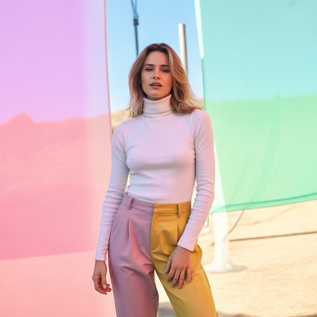 White Turtleneck and Colored Trousers
