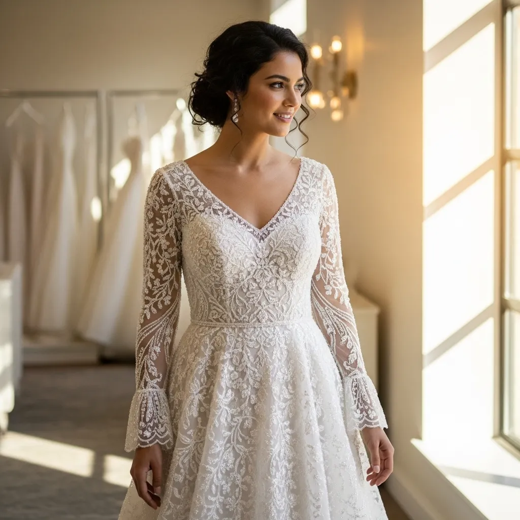 Beaded Long-Sleeve A-Line Dress