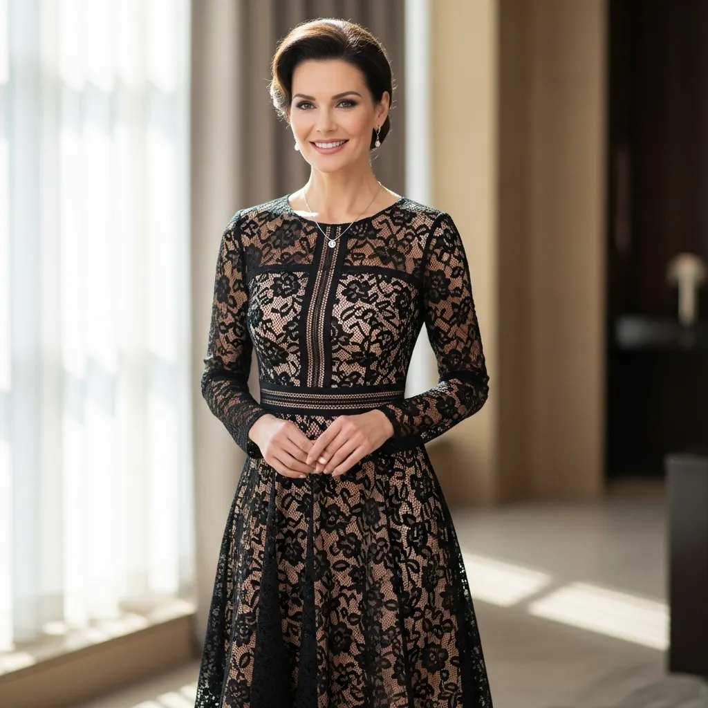 Black Lace Fit-and-Flare Midi Dress