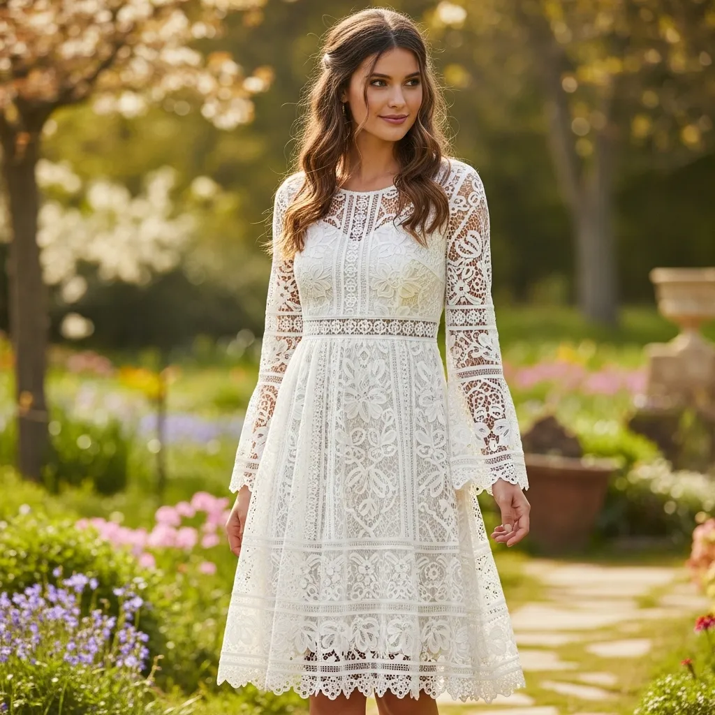 Boho Crochet Lace Tea-Length Dress